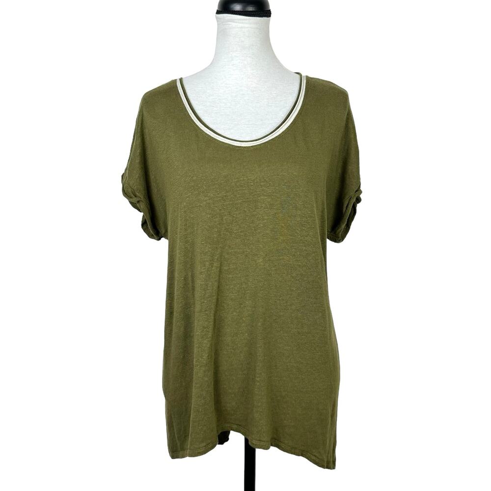 Lysse Olive Green Linen Blend Relaxed Casual Coastal Breathable Hi Low Tunic Tee - Picture 3 of 10